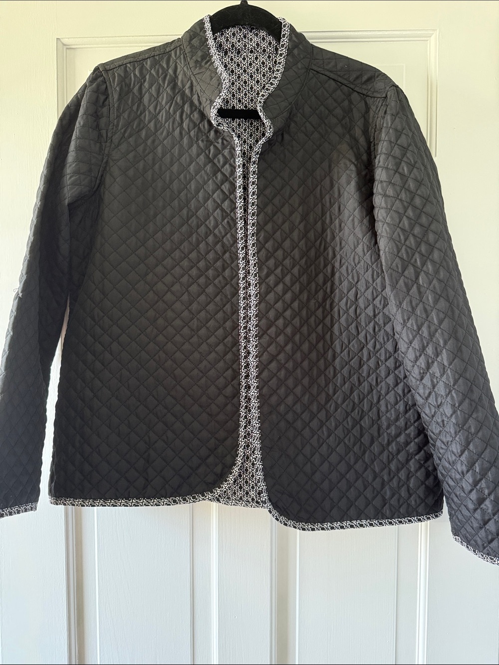 Black White Reversible Quilted Women's Jacket Contrast Trim Geometric Pattern L